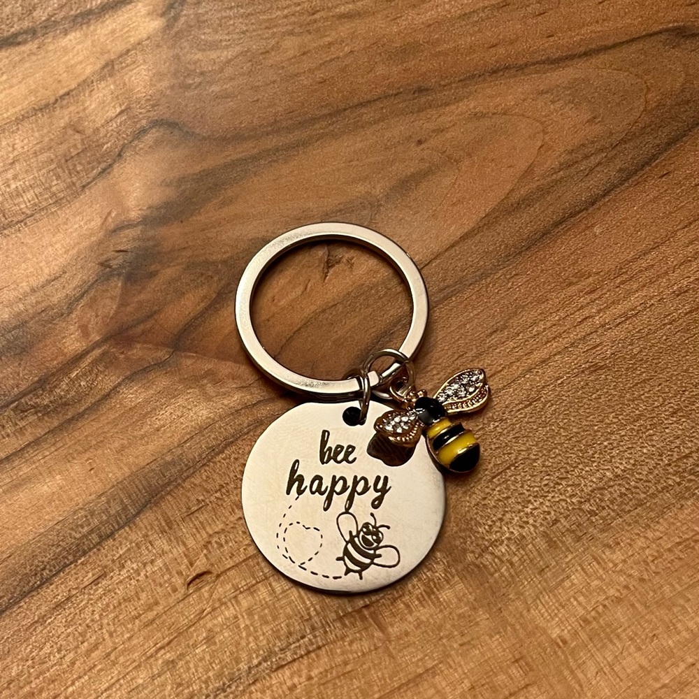 Bee Happy Keychain, Silvertone